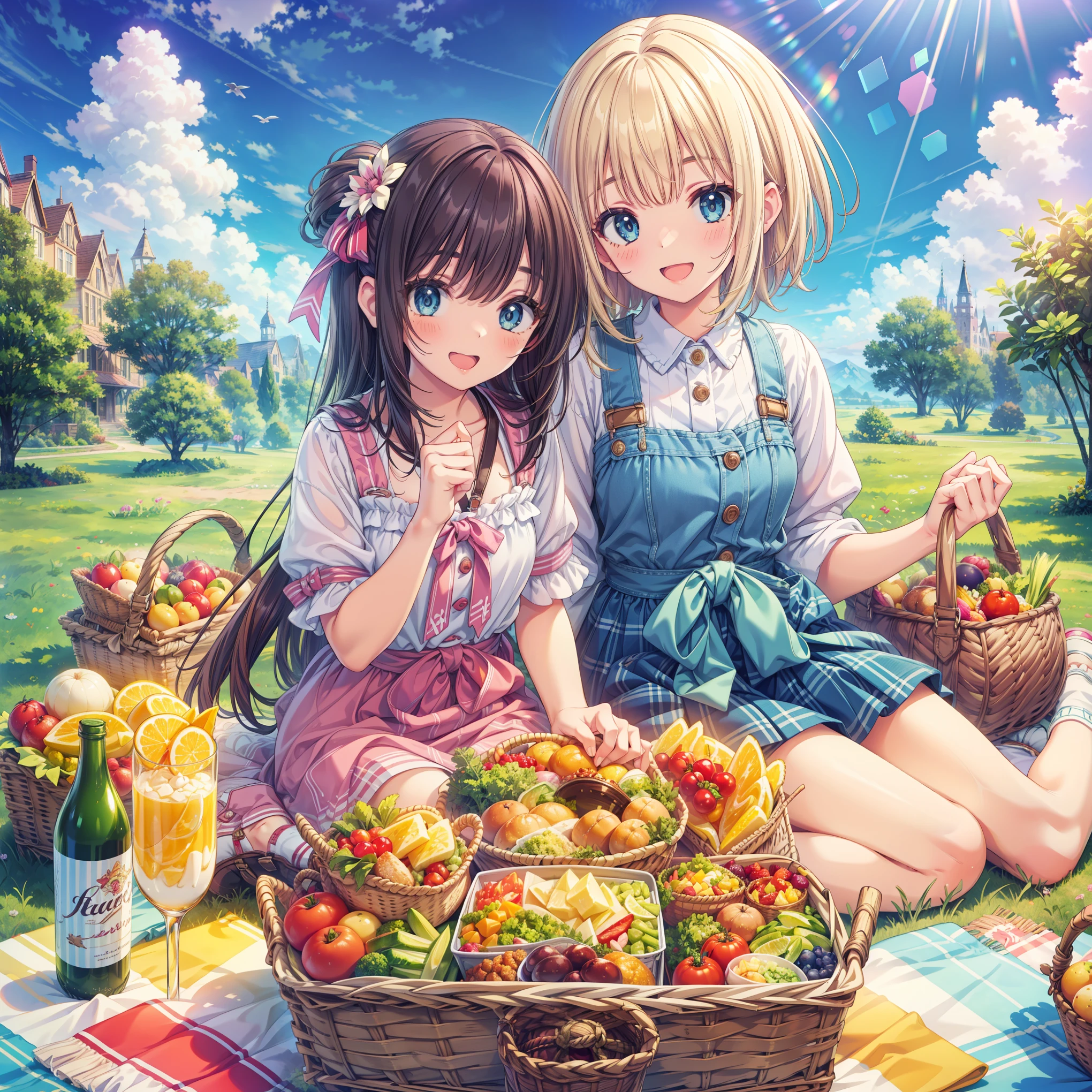 masterpiece, best quality, high resolution, extremely detailed CG, absurdres, multiple girls with different hair colors, picnic, happy, different expressions, sky, food, basket