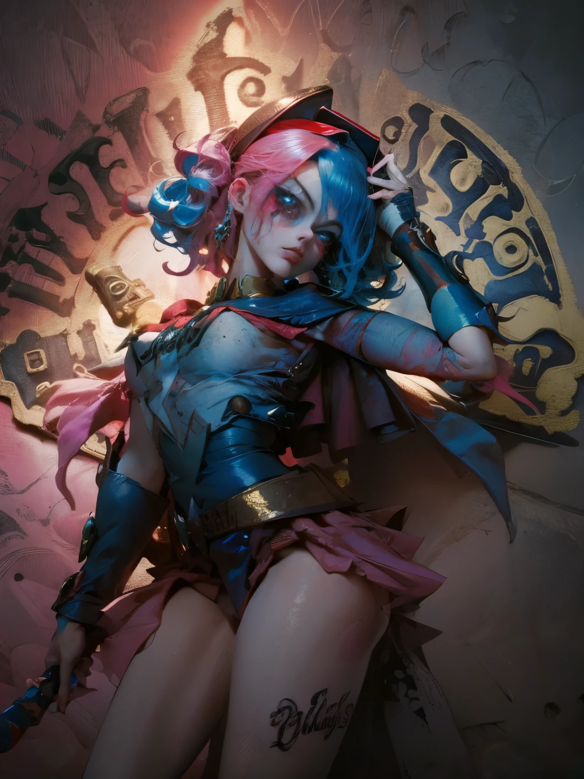 Hermosa y sensual dark magician gils vestida como Harley Quinn. pelo rojo y azul. Labios rojos. Ojos azules. Pose sensual y sexy. Toma cuerpo completo.