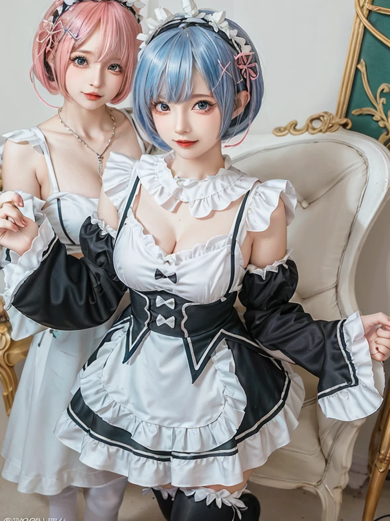 Accurate depiction with high resolution,(8K, Photorealistic, Raw photo, of the highest quality: 1.3), (1girl in), Super beautiful, (Realistic face), (boyish, pink Color Berry Shorthair), Beautiful , Glare that captivates the viewer, Beautiful expression, Beautiful breasts, (Realistic skin), Be...Create a detailed and colorful image of Ram and Rem from Re:Zero, standing back-to-back in their maid outfits, with a magical fantasy background、14years old, two girls,cute, perfect face, beautiful, nice body, gothic lolita clothes, gothic lolita fashion, frilly skirt, headdress, necklace, bracelet, knee-high socks, boots, double eyelids, tear bags, Detailed down to the fingers, photo-like description, indoors, dim indoor lighting, one girl is pink hair and short bob, another girl is light blue hair and short bob,standing,whole body, composition that shows the whole body, smiling,The Both of them are wearing the same type of maid outfit,Optimal ratio of 4 fingers and 1 thumb