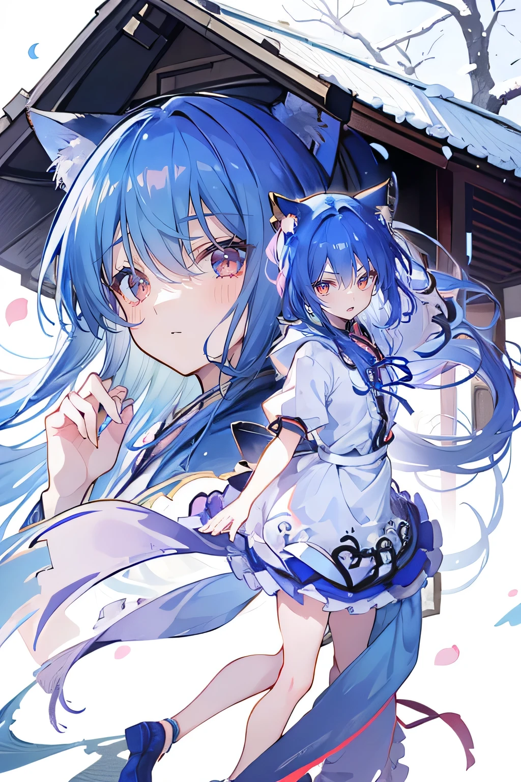 （masterpiece：1.2），Super detailed，lifelike，Expressive eyes，fair skin，perfect face shape，1 girl，
Japanese comics,Gorgeous blue hair,flowing blue hair,flowing clothes,Cat ears,Petals fall,beautiful lola,Baby Angel,
Shaking head with one hand，Cross your legs，Gentle and peaceful background，The pavilion is cool and comfortable,smile, wearing hoodie, background of tokyo,back views,snowing, winter.