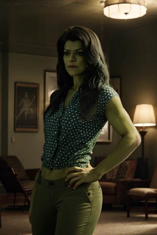 Shehulk, woman, polka dot shirt,pants,frontal,in a room,david fincher lighting style, 