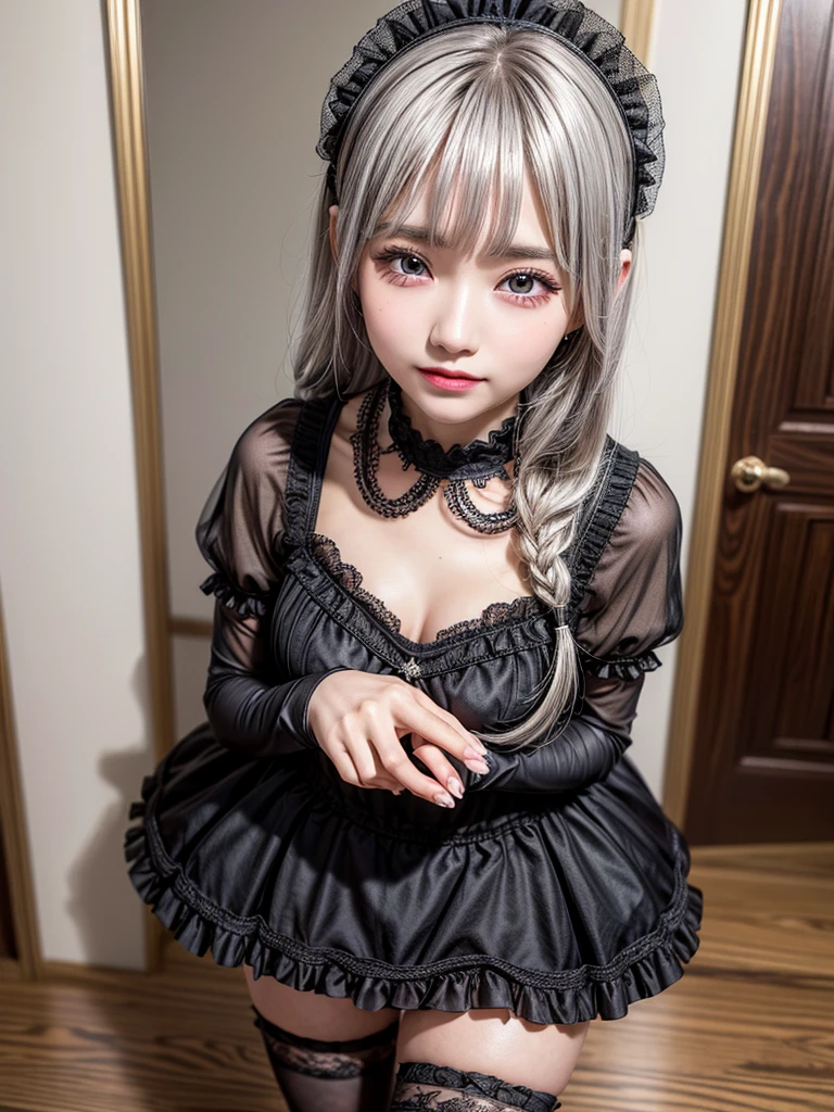 Accurate depiction with high resolution,(8K, Photorealistic, Raw photo, of the highest quality: 1.3), (1girl in), Super beautiful, (Realistic face), (boyish, Silver Color Berry Shorthair), Beautiful , Glare that captivates the viewer, Beautiful expression, Beautiful breasts, (Realistic skin), Be...Super high quality, super high definition, super detailed, masterpiece, 20years old, female, cute, perfect face, beautiful, nice body, gothic ta clothes, gothic loliashion, frilly skirt, headdress, necklace, bracelet, knee-high socks, boots, double eyelids, tear bags, Detailed down to the fingers, photo-like description, indoors, dim indoor lighting, black hair, semi long, standing, whole body, composition that shows the whole body, smiling
