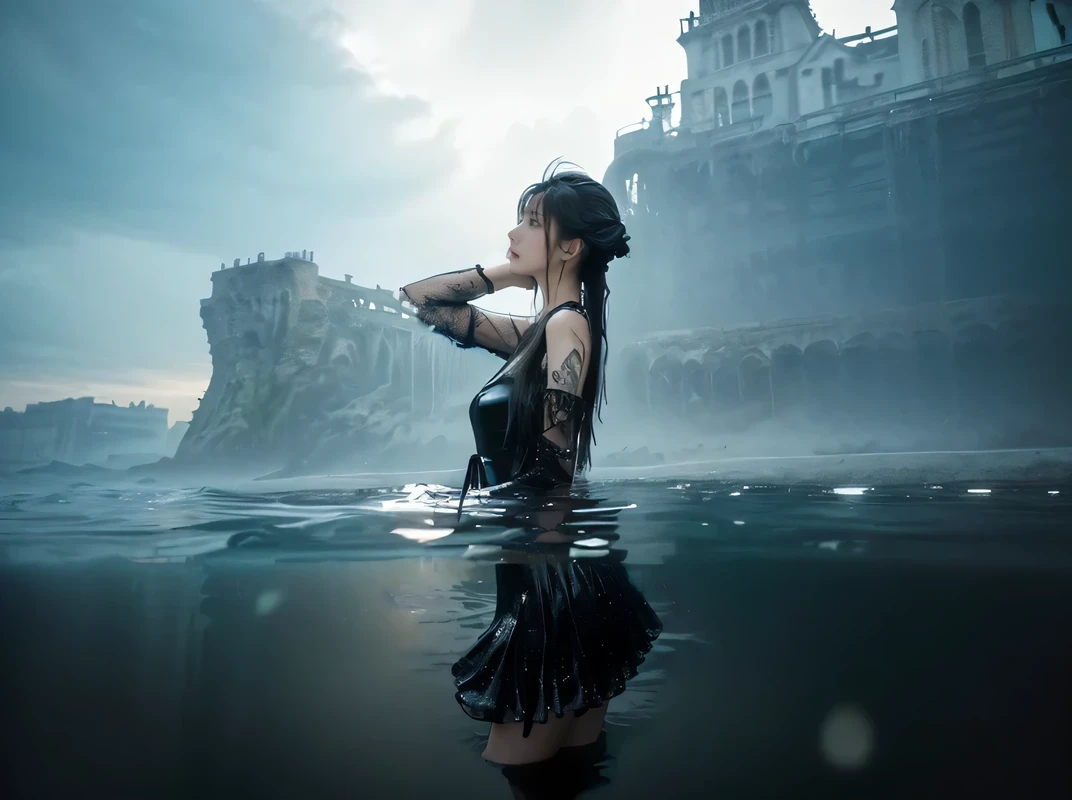 sea , Breathtaking, Girl standing in water, wet , looking up, slender, wet mullet hairstyle, Gothic_punk dress, masterpiece, best quality, RAW Photos, Fine texture background, Cool color grades with atmosphere, Water surface reflection, Underwater