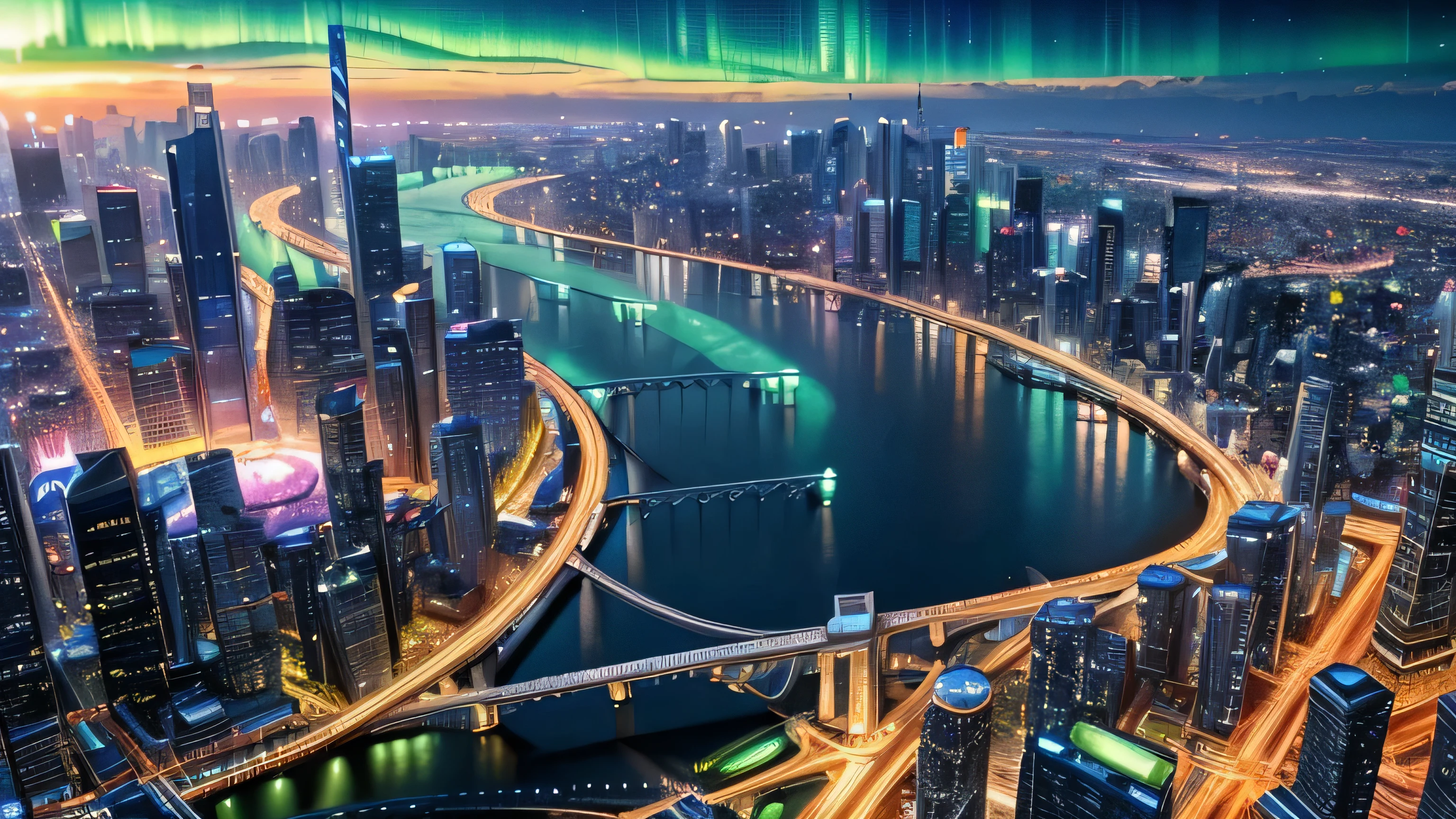 ((highest quality)),(超A high resolution),(Ultra-detailed),((The best CG)),metropolis, aurora, no human being, just scenary