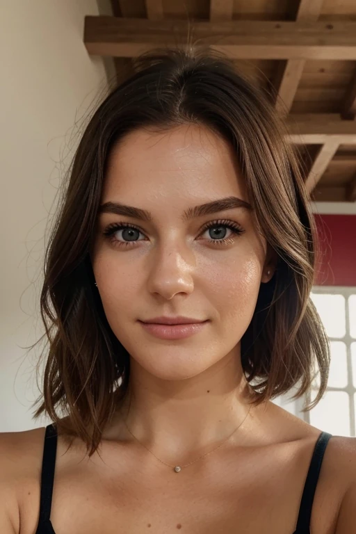 Selfie von einem wunderschönen girl, 24 jahre, im Fitnessstudio, cute, girl, Herbst, heißes girl, braune Haare, symmetrisches Gesicht, fotorealistisch, Fotografie, Telefonkamera, natural lighting, Herrlich, Dekollete, Western, Lo-Fi, High resolution, extrem detailliert, Haut mit Poren, realistische Beleuchtung, natural light, selfie, natural face, moles, Instagram-Pose, Influencer, Geringe Wiedergabetreue, braune Haare, bob frisur, gesicht von vorne, naturally sweet make-up, kokett, 
