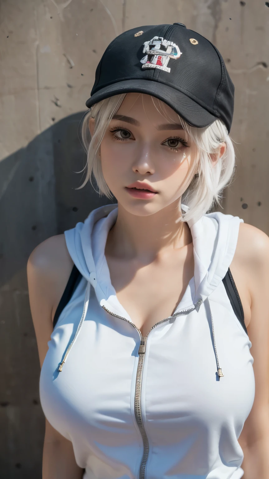 masterpiece, highest quality, Very detailed, 8k, Realistic, One Girl, alone, Tomboy, Very detailed face, (head shot:1.5), Standing in front of a wall covered in hip hop graffiti, Pixie cut white hair, He is wearing a short tank top and an open-zipped hoodie....,I can see your chest,Nice ass,Wear a New Era cap