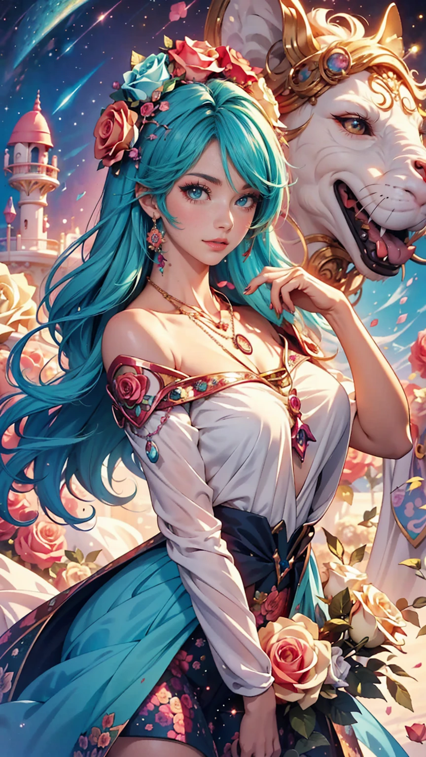 Close-up of a woman with colorful hair and necklace, Anime girl with space-like hair, The gentle vitality of rose roses, Goubes-inspired artwork, Fantasy art style, colorful], Vivid fantasy style, Ross draws vibrant cartoons, cosmic and colorful, Gweitz, colorful digital fantasy art, Great art style, Beautiful anime style, White skin, subtle