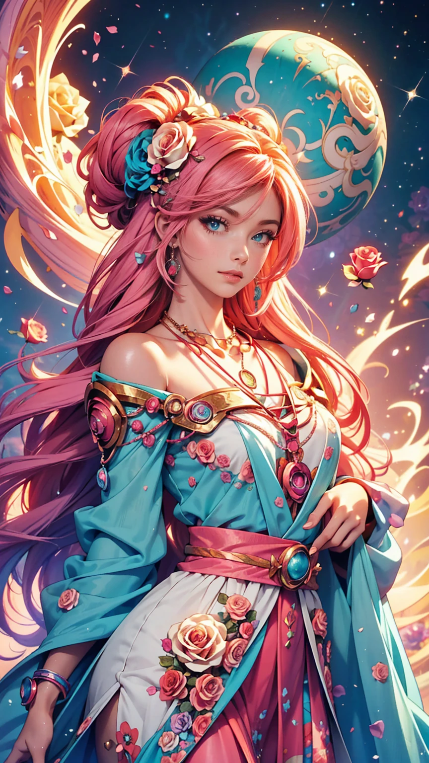 Close-up of a woman with colorful hair and necklace, Anime girl with space-like hair, The gentle vitality of rose roses, Goubes-inspired artwork, Fantasy art style, colorful], Vivid fantasy style, Ross draws vibrant cartoons, cosmic and colorful, Gweitz, colorful digital fantasy art, Great art style, Beautiful anime style, White skin, subtle