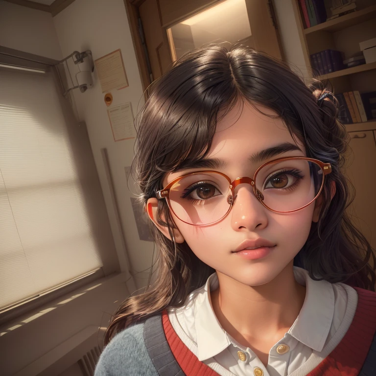 there is a young girl wearing glasses in a room, girl with glasses, girl wearing round glasses, with glasses, taken with sony alpha 9, with glasses on, she wears harry potter glasses, ayan nag, wearing small round glasses, spectacles, vastayan, captured on iphone, looking straight to camera, very clear picture, very clear face, jayison devadas