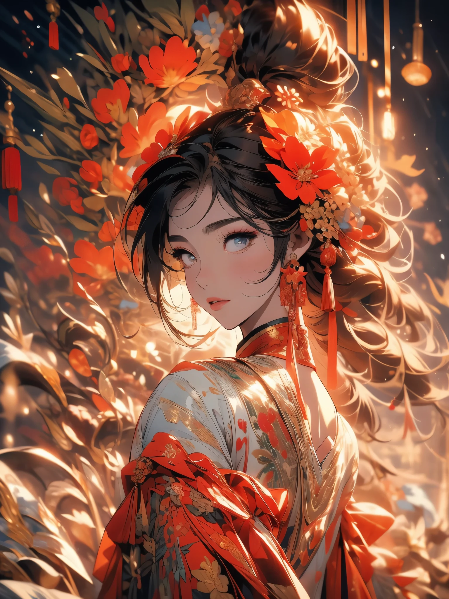 ((8k,masterpiece, best quality, highres)) ultra-detailed, beautiful, full-body shooting,Realistic eyes,perfect face,beauty,perfect body,1girl,voluptuous_body,narrow_waist,parted lips,thin and tall,Illustrate a scene of a 27-year-old girl wearing a Chinese fantasy robe sleeping on grass at nighttime. Include flowers in the background. Use a colorful palette and incorporate elements of Chinese martial art into the style, resembling Donghua animation.