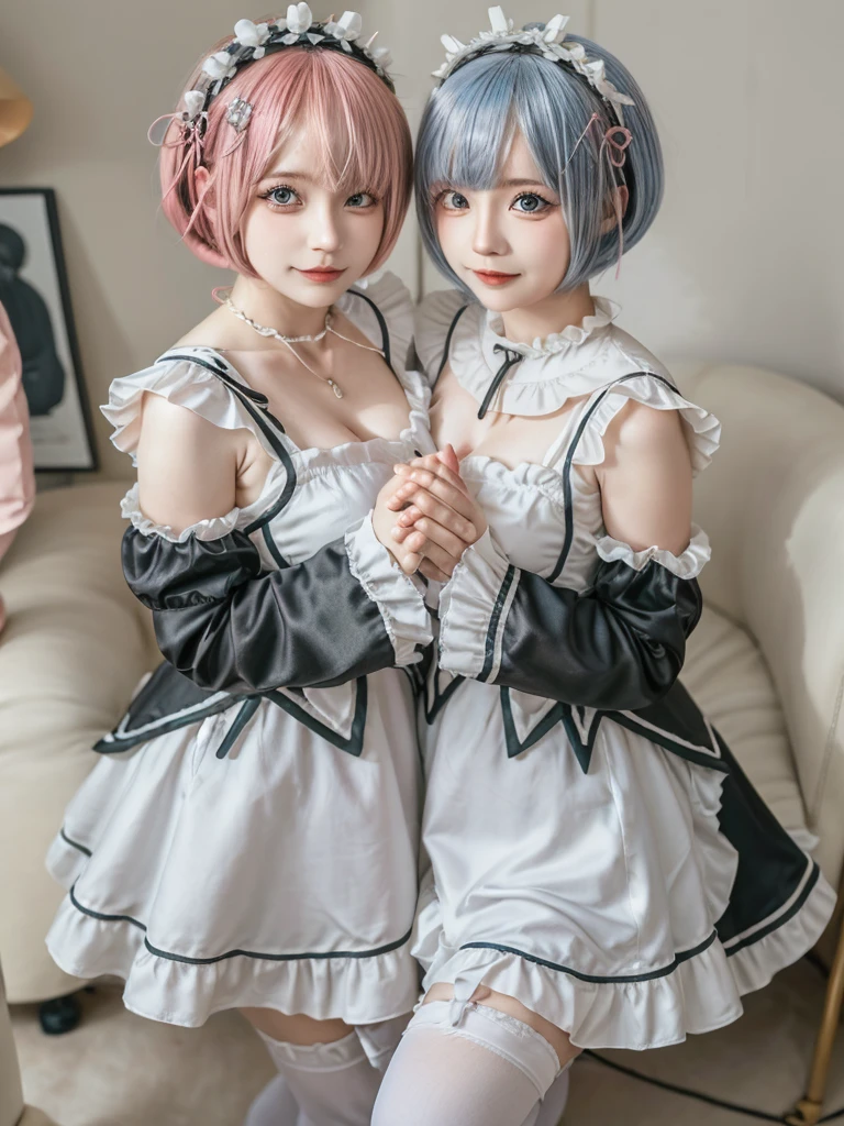 Accurate depiction with high resolution,(8K, Photorealistic, Raw photo, of the highest quality: 1.3), (1girl in), Super beautiful, (Realistic face), (boyish, pink Color Berry Shorthair), Beautiful , Glare that captivates the viewer, Beautiful expression, Beautiful breasts, (Realistic skin), Be...Create a detailed and colorful image of Ram and Rem from Re:Zero, standing back-to-back in their maid outfits, with a magical fantasy background、14years old, two girls,cute, perfect face, beautiful, nice body, gothic lolita clothes, gothic lolita fashion, frilly skirt, headdress, necklace, bracelet, knee-high socks, boots, double eyelids, tear bags, Detailed down to the fingers, photo-like description, indoors, dim indoor lighting, one girl is pink hair and short bob, another girl is light blue hair and short bob,standing,whole body, composition that shows the whole body, smiling,The Both of them are wearing the same type of maid outfit,Optimal ratio of 4 fingers and 1 thumb