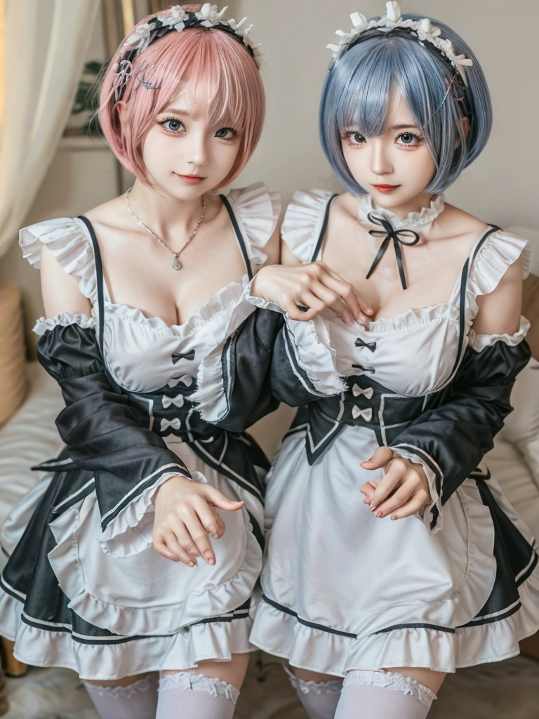 Accurate depiction with high resolution,(8K, Photorealistic, Raw photo, of the highest quality: 1.3), (1girl in), Super beautiful, (Realistic face), (boyish, pink Color Berry Shorthair), Beautiful , Glare that captivates the viewer, Beautiful expression, Beautiful breasts, (Realistic skin), Be...Create a detailed and colorful image of Ram and Rem from Re:Zero, standing back-to-back in their maid outfits, with a magical fantasy background、14years old, two girls,cute, perfect face, beautiful, nice body, gothic ta clothes, gothic loliashion, frilly skirt, headdress, necklace, bracelet, knee-high socks, boots, double eyelids, tear bags, Detailed down to the fingers, photo-like description, indoors, dim indoor lighting, one girl is pink hair and short bob, another girl is light blue hair and short bob,standing,whole body, composition that shows the whole body, smiling,The Both of them are wearing the same type of maid outfit,Optimal ratio of 4 fingers and 1 thumb