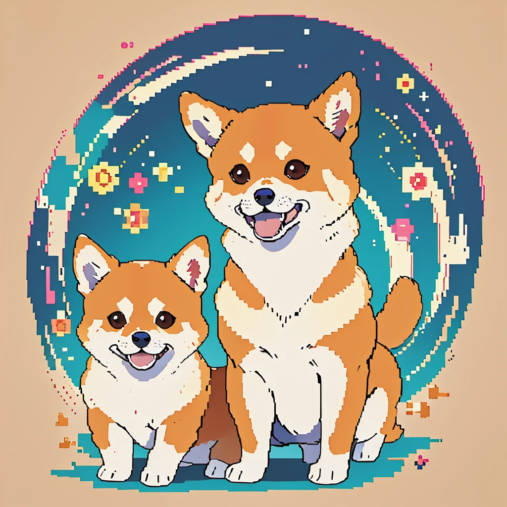 Hand-drawn illustration of a pixel art dog resembling a cartoonish Shiba Inu. The dog has large, bright eyes, a big smile, and is wearing a red collar. The background consists of a simple grid pattern, emphasizing the pixel art style. This charming image portrays the dog in a joyful and playful pose