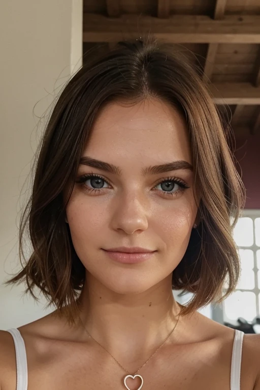 Selfie von einem wunderschönen girl, 24 jahre, im Fitnessstudio, cute, girl, Herbst, heißes girl, braune Haare, symmetrisches Gesicht, fotorealistisch, Fotografie, Telefonkamera, natural lighting, Herrlich, Dekollete, Western, Lo-Fi, High resolution, extrem detailliert, Haut mit Poren, realistische Beleuchtung, natural light, selfie, natural face, moles, Instagram-Pose, Influencer, Geringe Wiedergabetreue, braune Haare, bob frisur, gesicht von vorne, naturally sweet make-up, kokett, (sparkle eyes)
