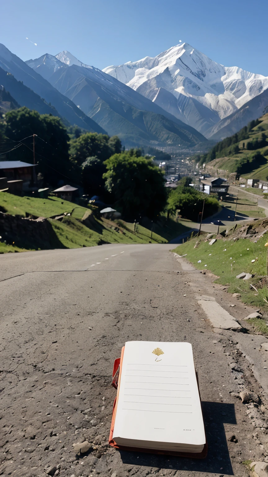 Diary placed on ground with Himachal Pradesh mountains in background