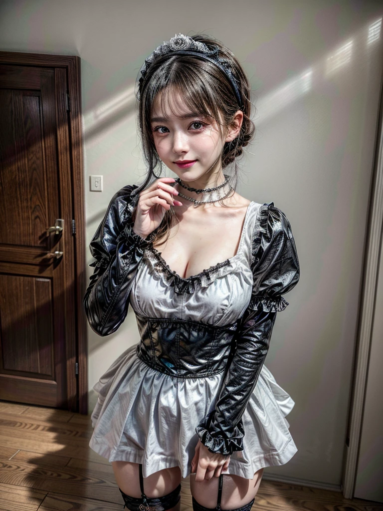 Accurate depiction with high resolution,(8K, Photorealistic, Raw photo, of the highest quality: 1.3), (1girl in), Super beautiful, (Realistic face), (boyish, Silver Color Berry Shorthair), Beautiful , Glare that captivates the viewer, Beautiful expression, Beautiful breasts, (Realistic skin), Be...Super high quality, super high definition, super detailed, masterpiece, 20years old, female, cute, perfect face, beautiful, nice body, gothic ta clothes, gothic loliashion, frilly skirt, headdress, necklace, bracelet, knee-high socks, boots, double eyelids, tear bags, Detailed down to the fingers, photo-like description, indoors, dim indoor lighting, black hair, semi long, standing, whole body, composition that shows the whole body, smiling