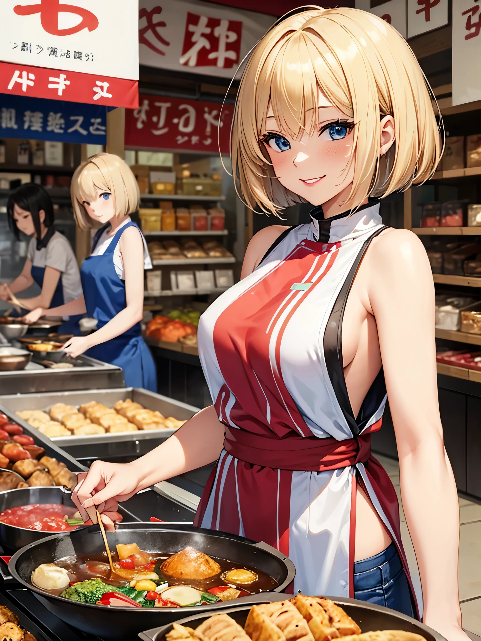 masterpiece, best quality, 1 girl, Blond hair, messy out bob cut, blue eyes, red shiny lipstick, sports sleeveless top, naughty light smile, Japan market stall, food stall, store clerk, cooking,
