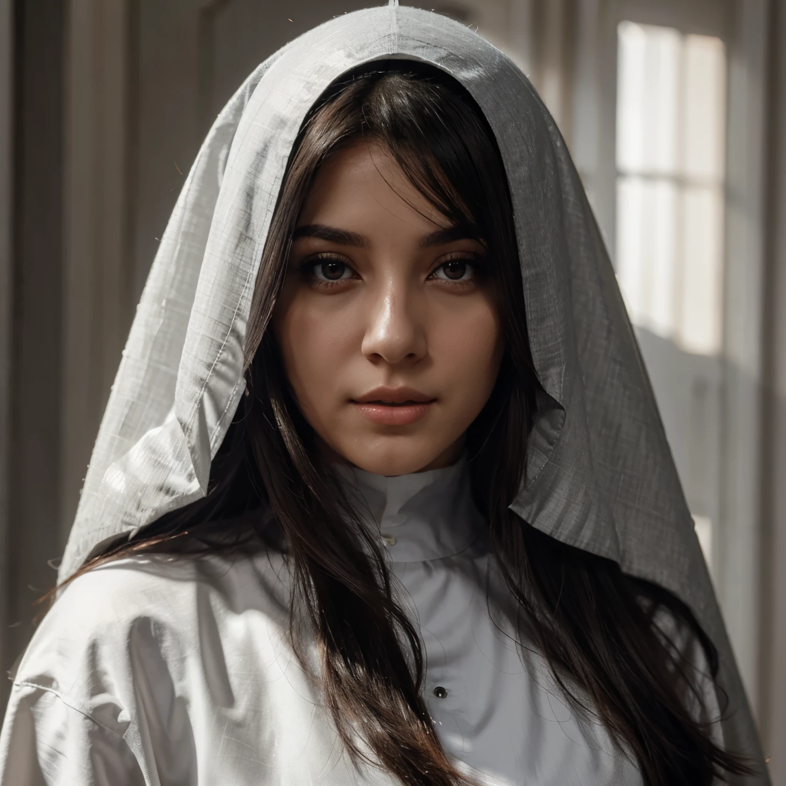 de cabelo cacheado, brunette with black eyes with a light gray veil, in a light gray nun's religious habit with a green brooch with Jesus at her side