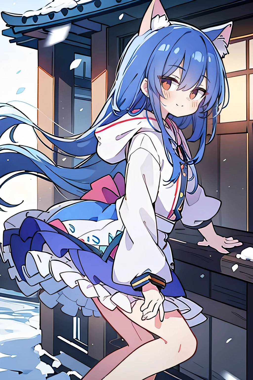 (masterpiece:1.2),Super detailed,lifelike,Expressive eyes,fair skin,perfect face shape,1 girl,
Japanese comics,Gorgeous blue hair,flowing blue hair,flowing clothes,Cat ears,Petals fall,beautiful lola,Baby Angel,
Shaking head with one hand,Cross your legs,Gentle and peaceful background,The pavilion is cool and comfortable,smile, wearing hoodie, background of tokyo,back views,snowing, winter.
