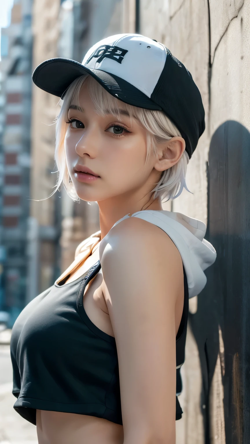 masterpiece, highest quality, Very detailed, 8k, Realistic, One Girl, alone, Tomboy, Very detailed face, (head shot:1.5), Standing in front of a wall covered in hip hop graffiti, Pixie cut white hair, He is wearing a short tank top and an open-zipped hoodie....,I can see your chest,Nice ass,Wear a New Era cap