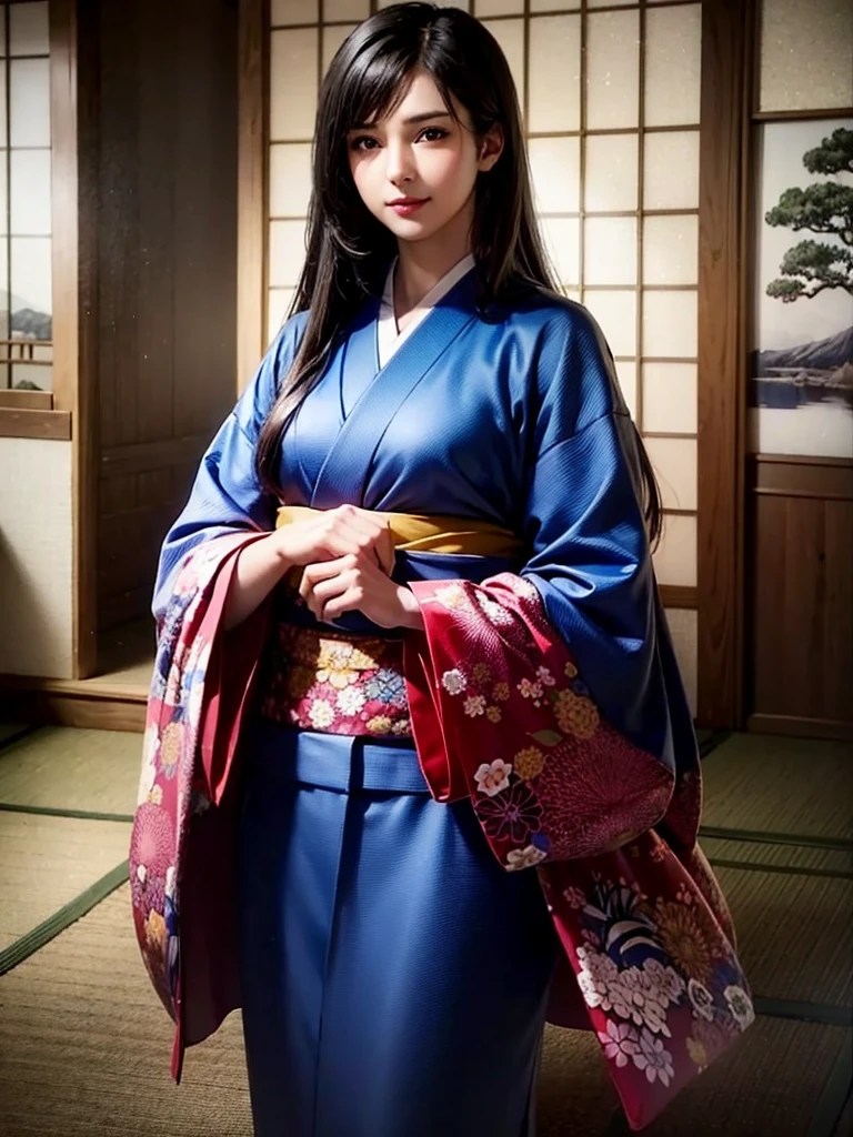 (highest quality、8K、32k、masterpiece)、(masterpiece,newest,exceptional:1.2), anime,1girl,bangs,black_hair, beautiful 8k eyes,cloud,day,dress,looking_at_viewer,outdoors,red_neckwear,red_ribbon,ribbon,river,short_hair,short_sleeves,sky,skyscraper,solo,standing,town,water、((Very beautiful woman, Fuller lips, Japanese pattern kimono))、((Colorful Japanese kimono)))、(((Medium Shot)))、Blunt bangs、(High resolution)、、very beautiful face and eyes、1 girl 、round and small face、thin waist、delicate body、(highest quality high detail Rich skin details)、(highest quality、8K、oil paint:1.2)、Super detailed、(realistic、realistic:1.37)、bright colors、(((Black Hair)))、(((Long Hair)))、(((Cowboy photos)))、((( Inside an old Japanese house)))、(masterpiece, top quality, best quality, official art, beautiful and aesthetic:1.2), (1girl), extreme detailed,(fractal art:1.3),colorful,highest detailed,Sengoku period(High resolution)、Very beautiful face and eyes、1 girl 、Round and small face、Narrow waist、Delicate body、(highest quality high detail Rich skin details)、(highest quality、8k、Oil paint:1.2)、(Realistic、Realistic:1.37)、