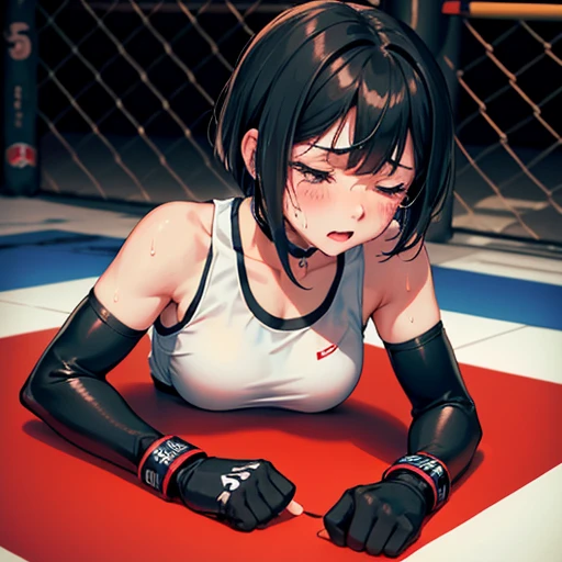 She is crying with her eyes closed. Lying on her face down in the mma ring. Down. Cute Japanese high school girl with short-cut black hair. Mixed martial arts gym. She is sparring in the ring. Tank top, spats, open finger gloves. Very sweaty, slender body, poor body, Small breasts. poor belly