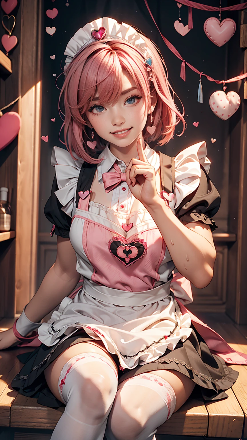 One girl, apron, bow, cube hair ornaments, dress, Frills, dark (Performance), hair ornaments, heart, heart hands, Long Hair, avert your eyes, Maid, Maid apron, Maid headdress, Mary Jane, One side up, Pink Hair, Shadowed face, shoes, short dress, alone, Sweat drops, Knee socks, white Knee socks, zettai ryouiki, 、Smile、Heart pose with both hands