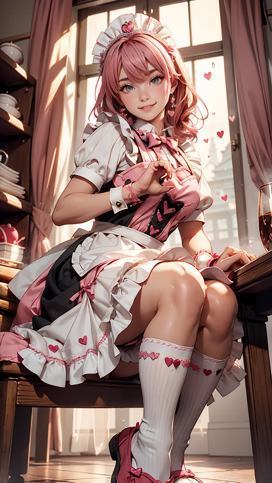 One girl, apron, bow, cube hair ornaments, dress, Frills, dark (Performance), hair ornaments, heart, heart hands, Long Hair, avert your eyes, Maid, Maid apron, Maid headdress, Mary Jane, One side up, Pink Hair, Shadowed face, shoes, short dress, alone, Sweat drops, Knee socks, white Knee socks, zettai ryouiki, 、Smile、Heart pose with both hands