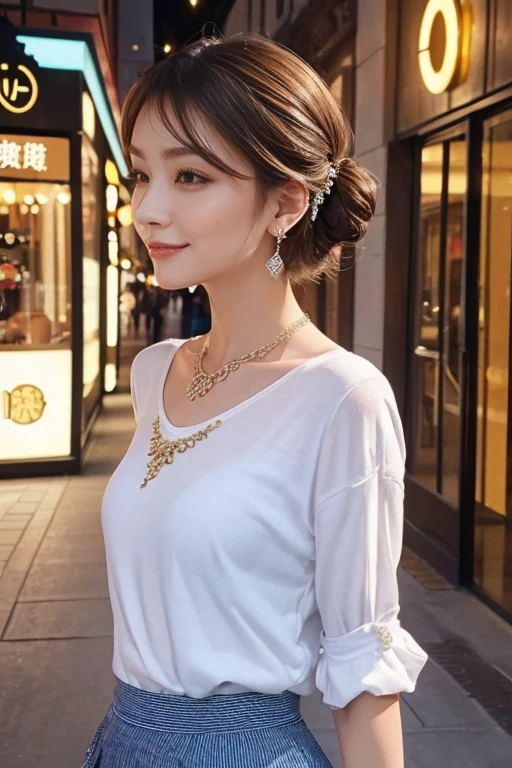 highest quality, Very detailed, masterpiece, 1 person,woman,(((完璧なwomanの体))),Very beautiful face, Very beautiful body,Gentle expression, Very beautiful eyes,(Perfect Makeup:1.1),Fashion Model,Short Bob Hair,Shaggy Hair,Hair Bun,Chestnut Hair:1.3, Very thin body,Smart Abs,Striped blouse,Cotton Long Skirt,necklace,anklet,Elegant pumps,A kind smile,Upper body portrait,(Shopping street background:1.3), (Shiny skin),(Earrings),Looking at the audience,