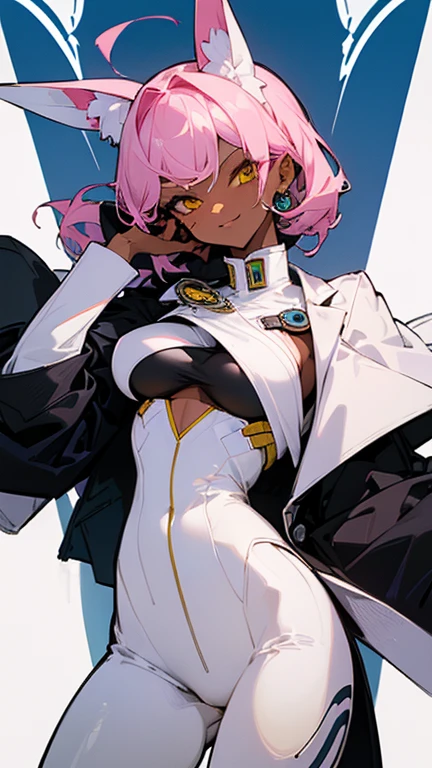 (highest quality、masterpiece:1.2) 1 Female、adult woman、((Dark skinned women、Hair over the ears)), light pink hair, blue hair, mixed hair color, yellow Eyes, monocle, ((black jacket, white pantsuit)), (Malicious smile), villain, sharp eye, underboob, little earring, different lengths hair, dynamic pose, lift,