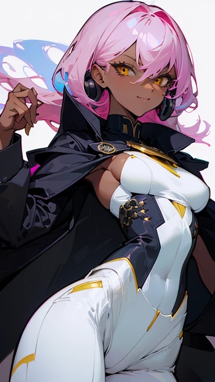 (highest quality、masterpiece:1.2) 1 Female、adult woman、((Dark skinned women、Hair over the ears)), light pink hair, blue hair, mixed hair color, yellow Eyes, monocle, ((black jacket, white pantsuit)), (Malicious smile), villain, sharp eye, underboob, little earring, different lengths hair, dynamic pose, lift,