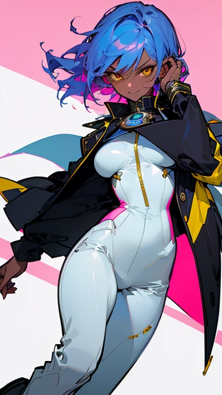 (highest quality、masterpiece:1.2) 1 Female、adult woman、((Dark skinned women、Hair over the ears)), light pink hair, blue hair, mixed hair color, yellow Eyes, monocle, ((black jacket, white pantsuit)), (Malicious smile), villain, sharp eye, underboob, little earring, different lengths hair, dynamic pose, lift,