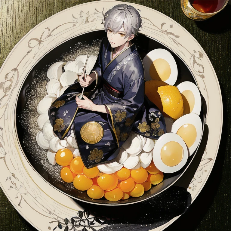 (masterpiece, highest quality, highest quality, Official Art, beautifully、aesthetic:1.2),
One boy, kimono, alone, Gray Hair, food, egg, Yellow Eyes, In the container, bowl, eat, flower, Little, gloves, rice, in food,
Very detailed,colorful, (Dynamic pose),