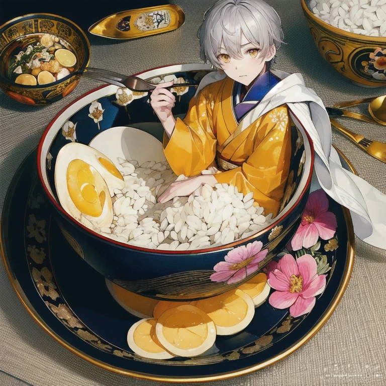 (masterpiece, highest quality, highest quality, Official Art, beautifully、aesthetic:1.2),
One boy, kimono, alone, Gray Hair, food, egg, Yellow Eyes, In the container, bowl, eat, flower, Little, gloves, rice, in food,
Very detailed,colorful, (Dynamic pose),