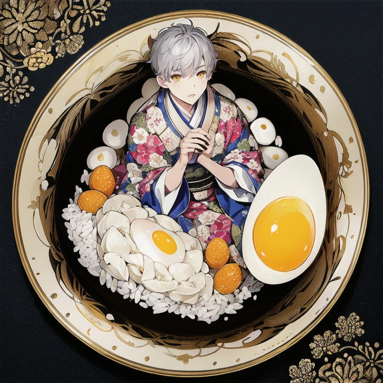 (masterpiece, highest quality, highest quality, Official Art, beautifully、aesthetic:1.2),
One boy, kimono, alone, Gray Hair, food, egg, Yellow Eyes, In the container, bowl, eat, flower, Little, gloves, rice, in food,
Very detailed,colorful, (Dynamic pose),