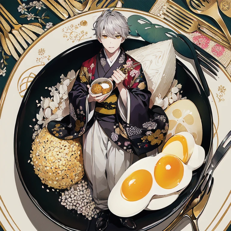 (masterpiece, highest quality, highest quality, Official Art, beautifully、aesthetic:1.2),
One boy, kimono, alone, Gray Hair, food, egg, Yellow Eyes, In the container, bowl, eat, flower, Little, gloves, rice, in food,
Very detailed,colorful, (Dynamic pose),