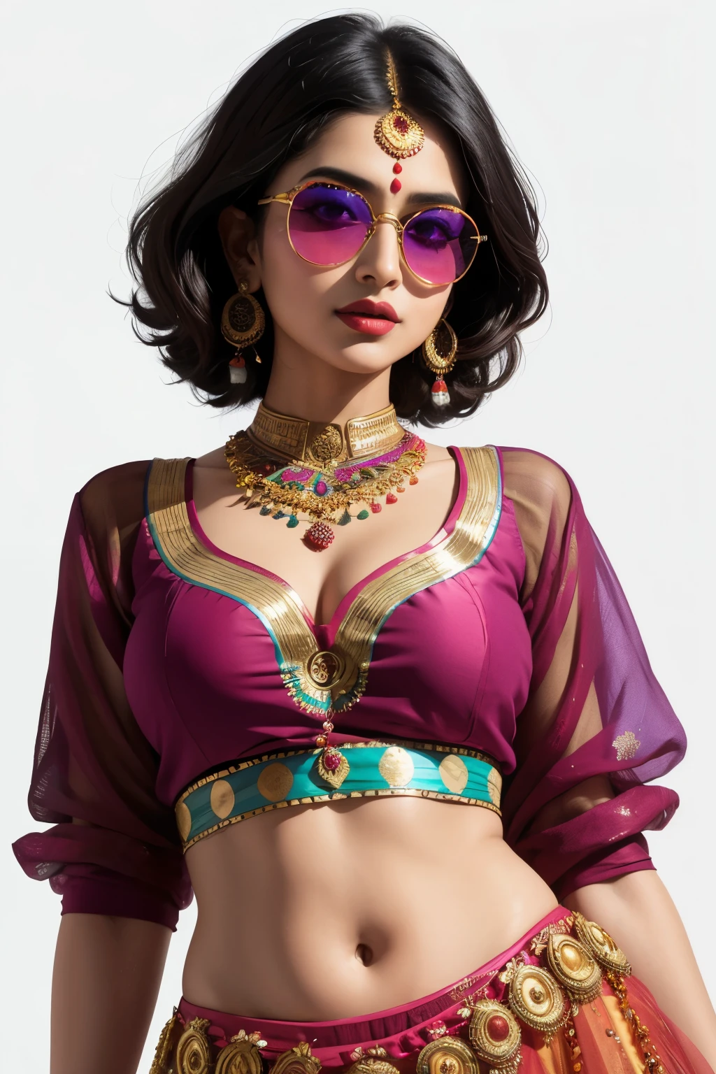 Create a high-quality drawing of a quirky Indian woman, radiating charm and individuality, as she confidently dons a vibrant lehenga blouse, the distinct Indian outfit adorned with intricate patterns and bold colors. Her expressive eyes are hidden behind stylish sunglasses, adding an enigmatic allure to her demeanor. The painting boasts of a plain white background that perfectly contrasts and highlights the richness and vibrancy of her traditional attire.