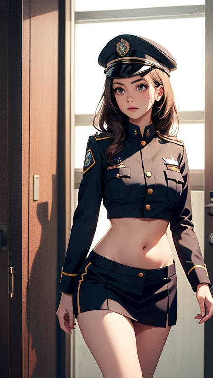Woman in prison, crop top brown warden uniform, open navel, open belly, low rise, 35 year old, warden hat, walking around the prison