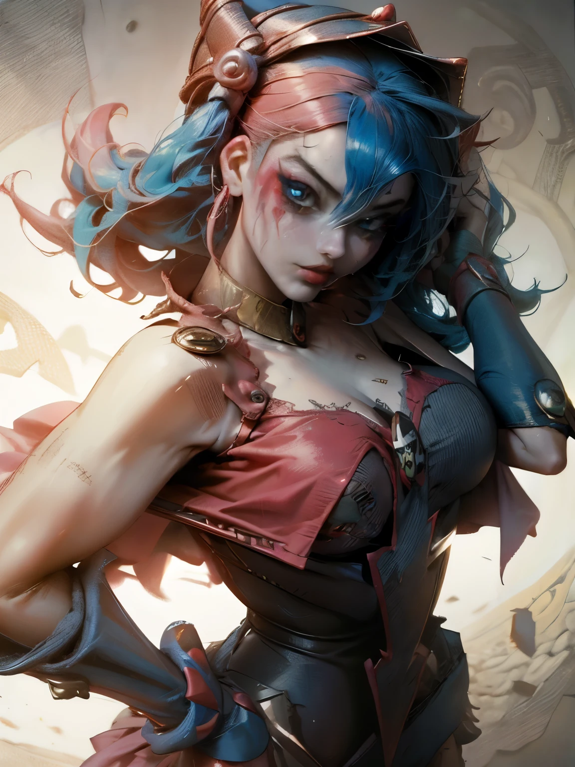 Hermosa y sensual dark magician gils vestida como Harley Quinn. pelo rojo y azul. Labios rojos. Ojos azules. Pose sensual y sexy