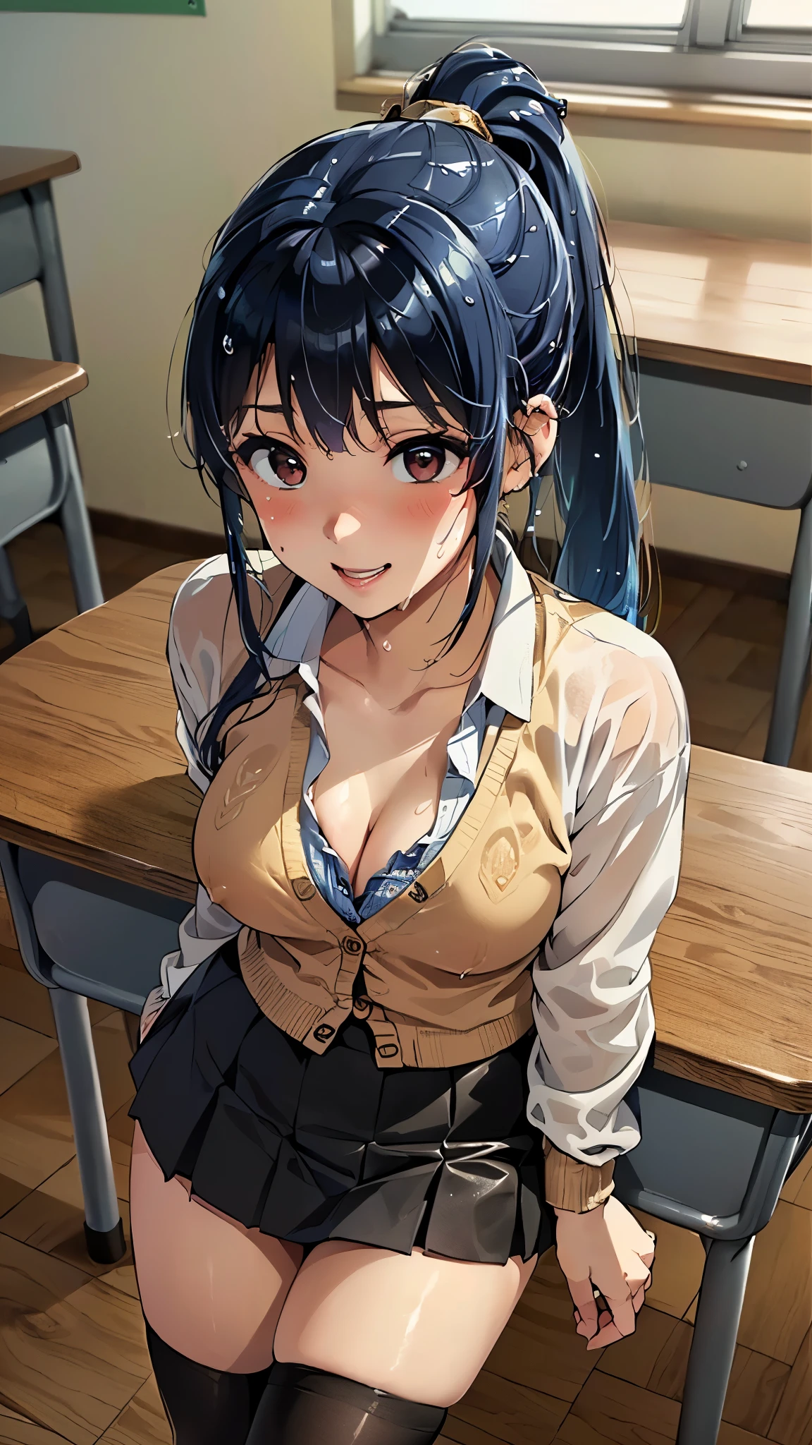 ((highest quality、Mastepiece、High resolution))、(((Zoom photo from above:1.95、、blush、high school girl、cardigan、shirt、skirt、black tights、Cute smile:1.5、、Wet body、Wet Hair、Cleavage、Blue Hair、ponytail、In the classroom)))