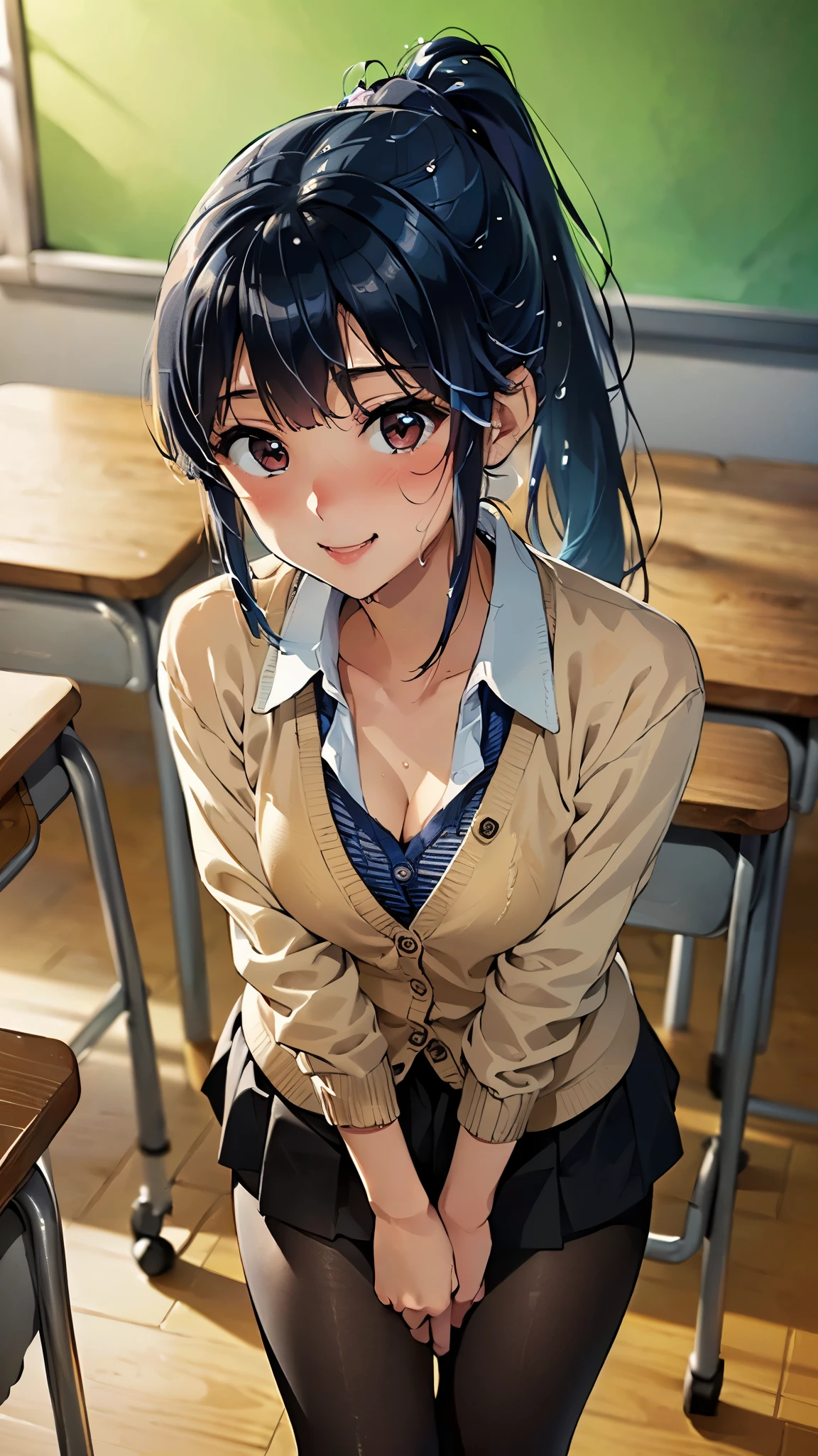 ((highest quality、Mastepiece、High resolution))、(((Zoom photo from above:1.95、、blush、high school girl、cardigan、shirt、skirt、black tights、Cute smile:1.5、、Wet body、Wet Hair、Cleavage、Blue Hair、ponytail、In the classroom)))