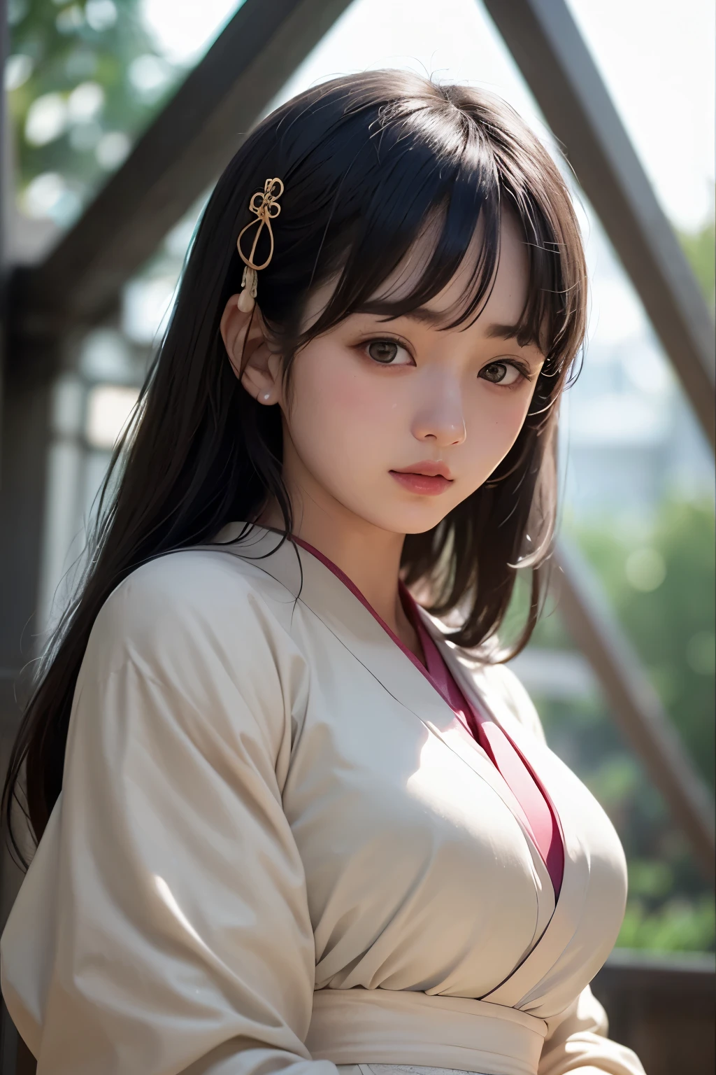 (1 nogizaka girl,raw photo,photo realistic:1.5),(best quality, high quality,HDR, highest quality,ultra high resolution,high resolution,high res,ultra high difinition,huge file size,8K,2K wallpaper,8K wallpaper,high quality texture,amazing,an extremely delicate:1.4),one girl, Japanese famous idol,beautiful face,small face,absurd,ridiculous,incredibly ridiculous,portrait,breasts close up,blurry background,(hanfu,cleavage,no makeup:1.2),medium skin,beautiful skin,detailed skin,small head,black hair,silky hair,(Japanese eyes,round eyes:1.5),detailed eyes,black eyes,Japanese idol eyes,perfectly propotioned face,Japanese nose,5-fingers,(Light Particles, Lens Flare, Luminous Particles: 0.7),looking at viewer,bright lighting,professional lighting,girl