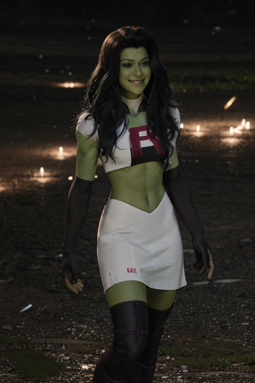tatmshlk , team rocket,team rocket uniform, red letter R, white skirt,white crop top,black thigh-high boots, black elbow gloves, sinister villianess look, looking down on viewer, arms folded, on night, central park, upper body view, smiling, shy,