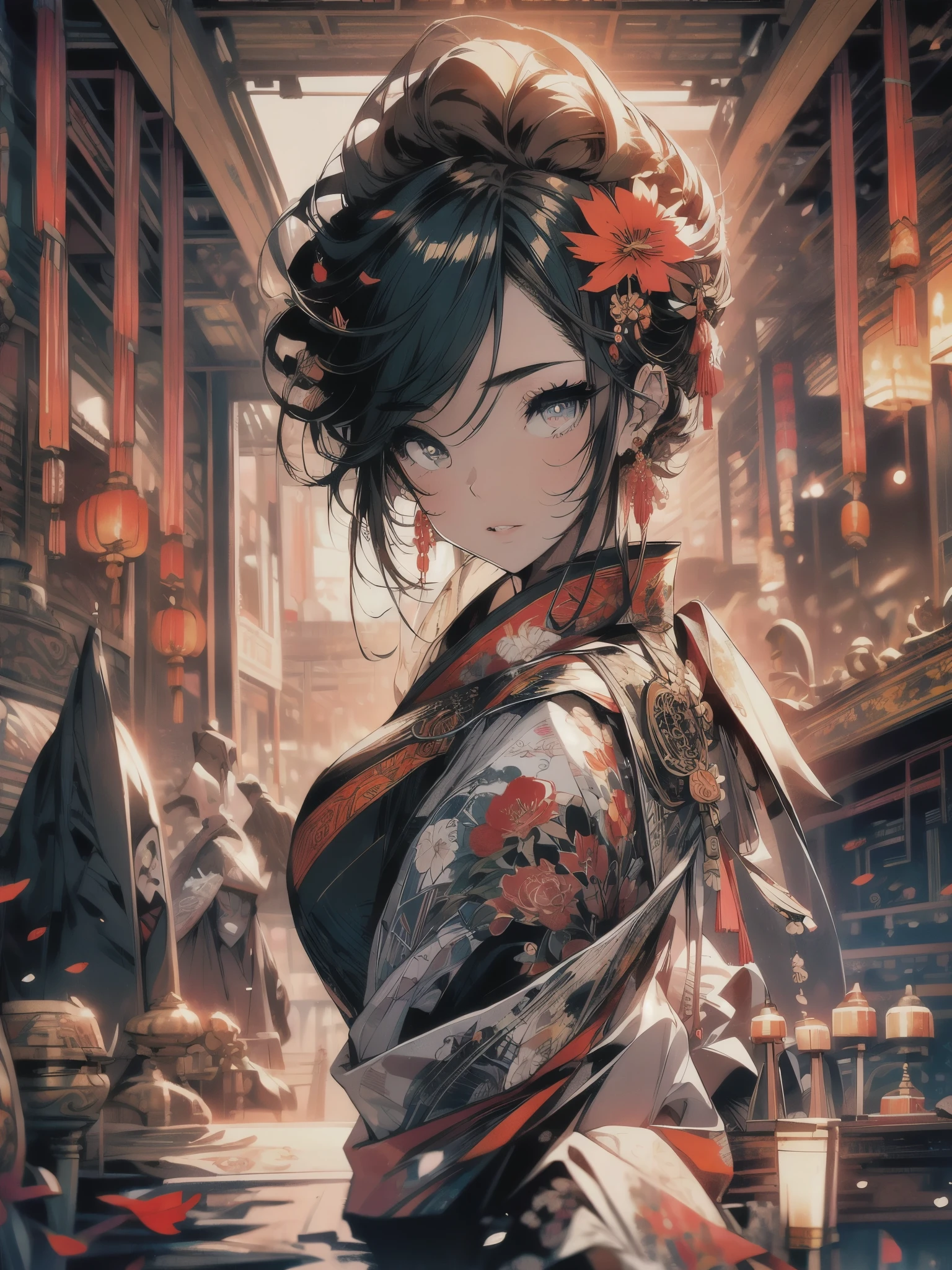 ((8k,masterpiece, best quality, highres)) ultra-detailed, beautiful, full-body shooting,Realistic eyes,perfect face,beauty,perfect body,1girl,voluptuous_body,narrow_waist,parted lips,thin and tall,Illustrate a scene of a 27-year-old girl wearing a Chinese fantasy robe sleeping on grass at nighttime. Include flowers in the background. Use a colorful palette and incorporate elements of Chinese martial art into the style, resembling Donghua animation.
