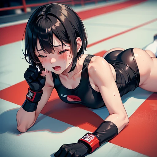 She is crying with her eyes closed. Lying on her face down in the mma ring. Down.  Cute Japanese high school girl with short-cut black hair. Mixed martial arts gym. She is sparring in the ring. Tank top, spats, open finger gloves. Very sweaty, slender body, poor body, Small breasts. poor belly