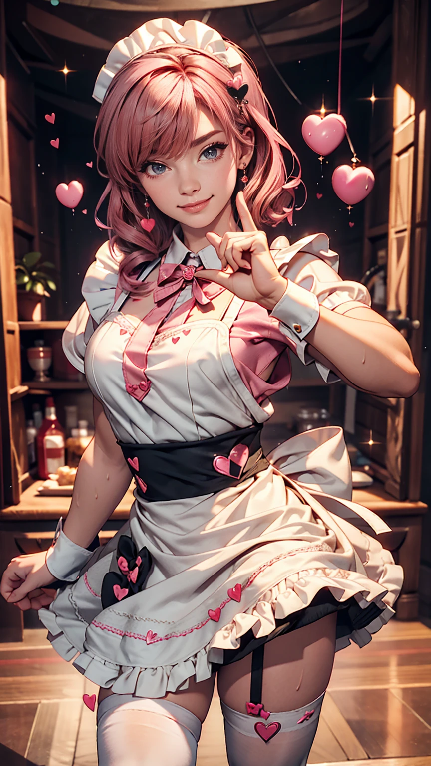 One girl, apron, bow, cube hair ornaments, dress, Frills, dark (Performance), hair ornaments, heart, heart hands, Long Hair, avert your eyes, Maid, Maid apron, Maid headdress, Mary Jane, One side up, Pink Hair, Shadowed face, shoes, short dress, alone, Sweat drops, Knee socks, white Knee socks, zettai ryouiki, 、Smile、Heart pose with both hands