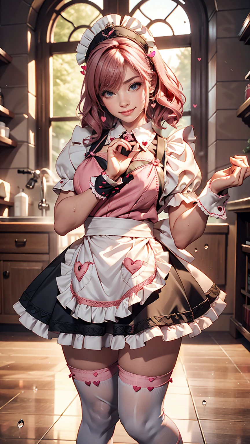 One girl, apron, bow, cube hair ornaments, dress, Frills, dark (Performance), hair ornaments, heart, heart hands, Long Hair, avert your eyes, Maid, Maid apron, Maid headdress, Mary Jane, One side up, Pink Hair, Shadowed face, shoes, short dress, alone, Sweat drops, Knee socks, white Knee socks, zettai ryouiki, 、Smile、Heart pose with both hands