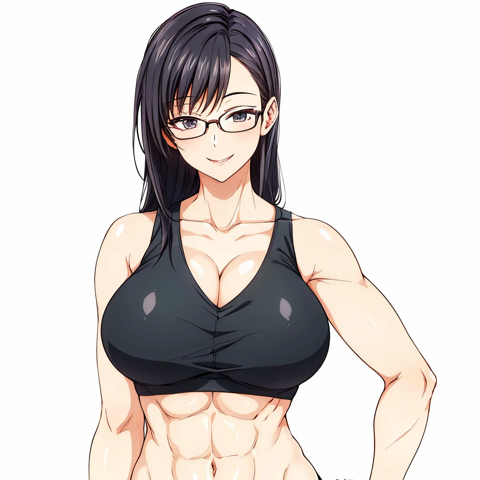 1 milf, long black hair, very big breasts, wearing glasses, smiling, sixpack
