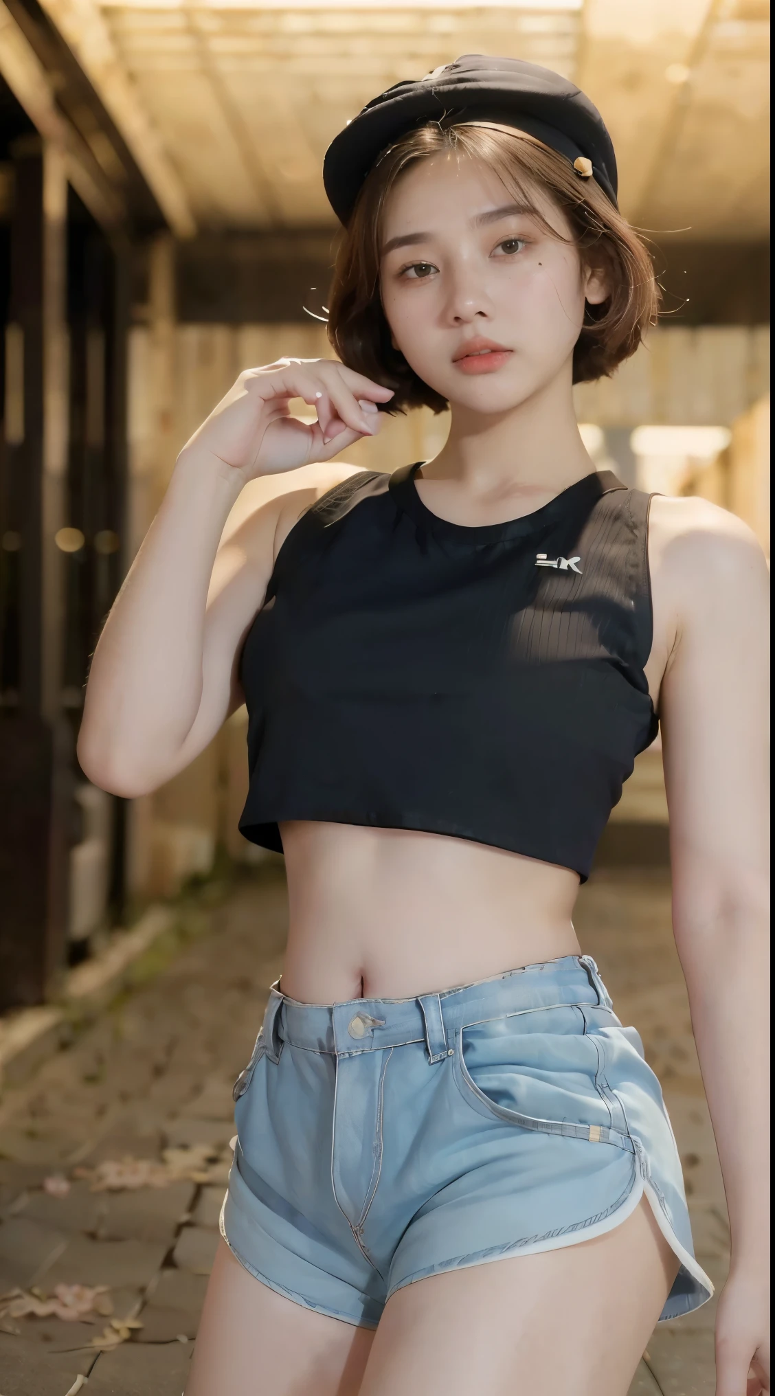 ((Best Quality, 8K, Masterpiece: 1.3)), (Flower Cap: 1.3), Focus: 1.2, Perfect Body Beauty: 1.4, Buttocks: 1.2, (Layered Haircut: 1.2)), (Dark Street: 1.3), Highly Detailed Face and Skin Texture, Full Body, Delicate Eyes, Double Eyelids, Whitened Skin, Long Hair, (Round Face: 1.5), (Loose Crop Top, Shorts: 1.6)