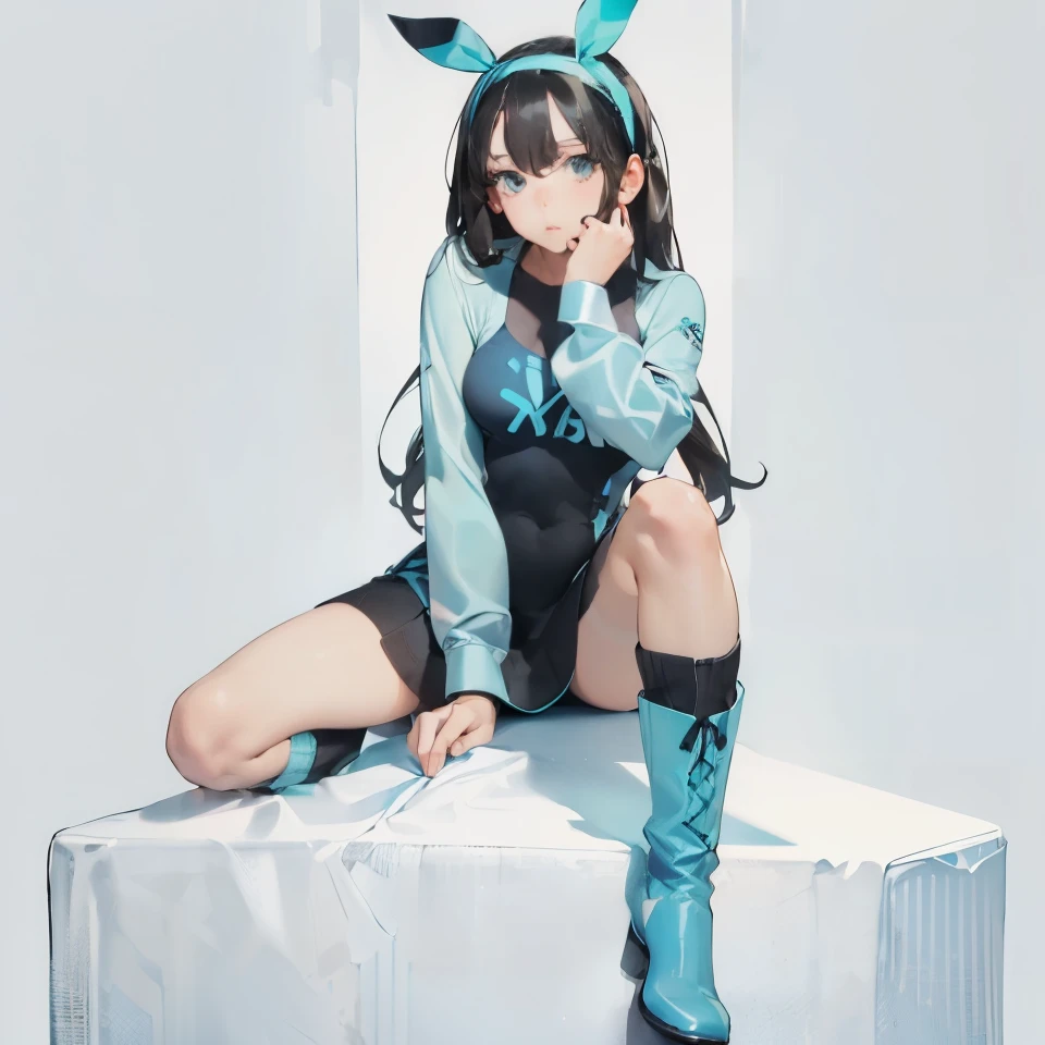 (maximum resolution: 1.2), (ultra high definition:1.2), cinema light, 8K resolution, fine eyes and skin, detailed face, perfect style, cute face, Accurate, anatomically correct, Highly detailed face and skin texture, beautiful and meticulous droopy eyes, 23 years old, (black hair:1.5), long hair, parted bangs, blue eyes, (white hairband:1.5), (long sleeves one-piece patternless dark cyan shirt:1.5), (tights:1.2), (boots:1.5), sitting sexy posing,